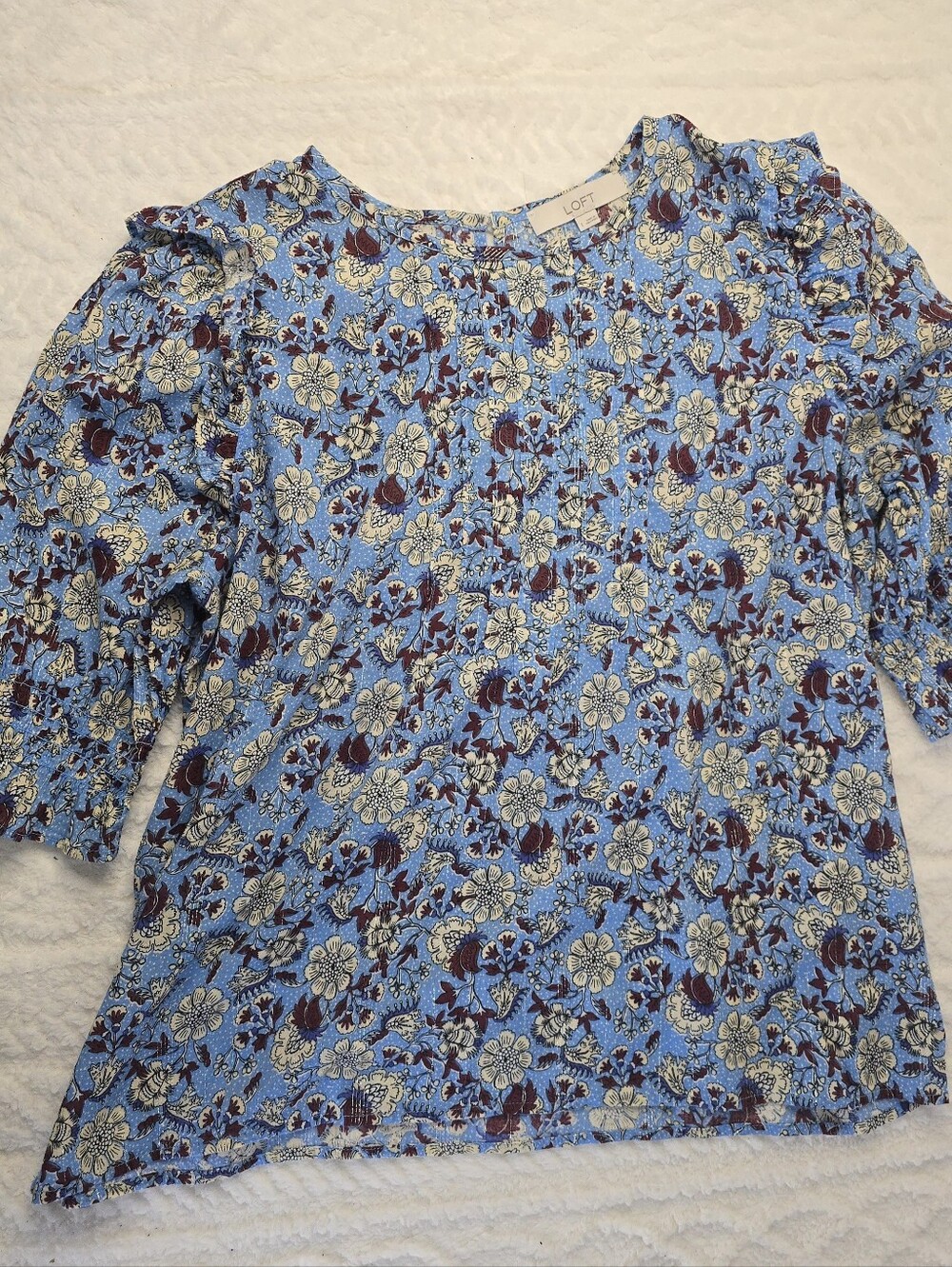 LOFT Flora Blouse Blue Brown Metallic Short Smocked Sleeve Ruffle Trim Pleated L